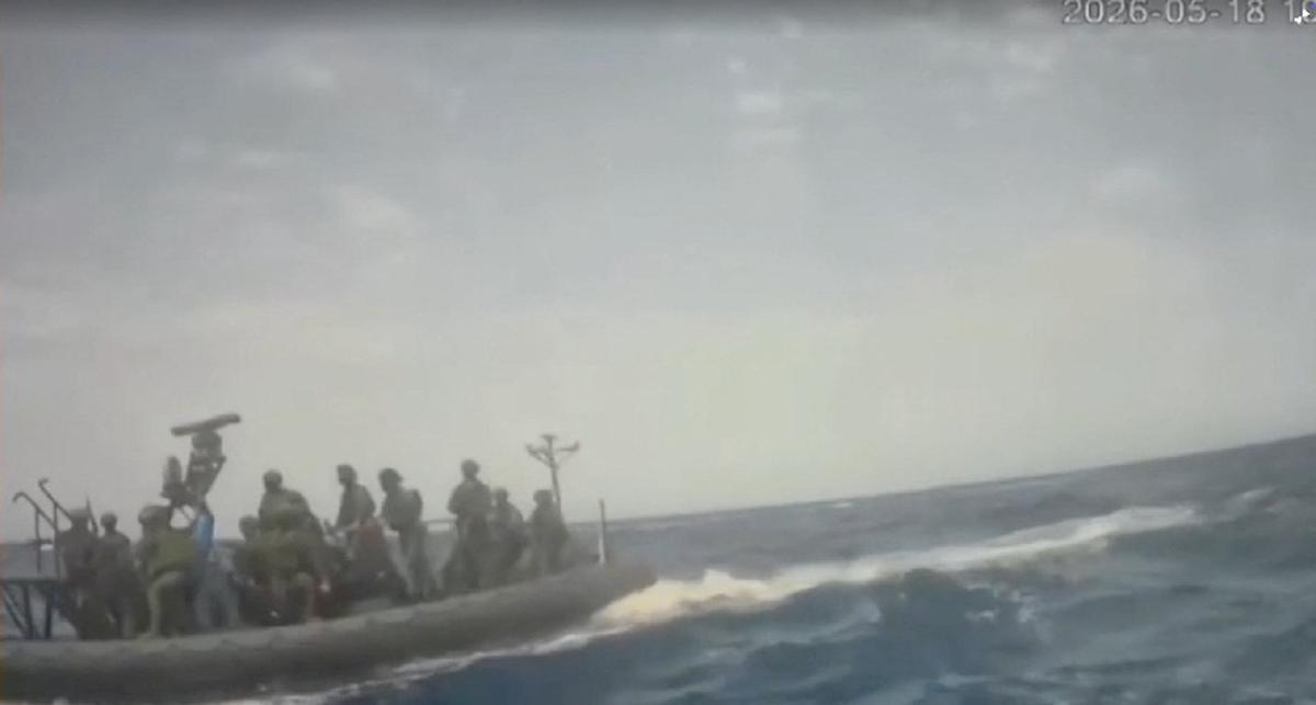 An Israeli naval boat intercepts the Global Sumud Flotilla en route to Gaza, in an attempt to deliver aid, at sea May 18, 2026, in this screengrab taken from a handout video. Global Sumud Flotilla/Handout via REUTERS