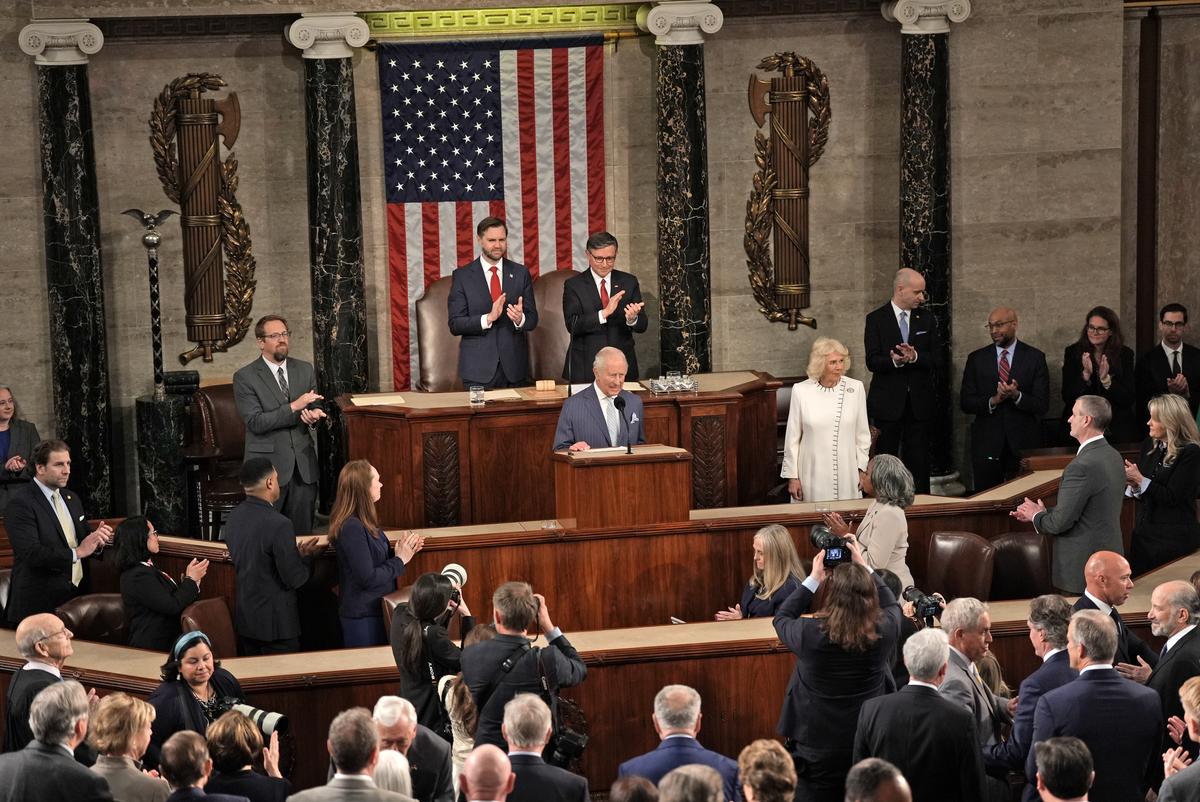 King Charles III with Queen Camilla arrives to address a joint meeting of Congress in honor of the 250th anniversary of American independence at the Capitol in Washington, on Tuesday, April 28, 2026. (Salwan Georges/The New York Times)