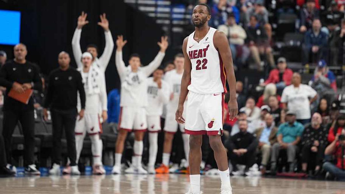Nov 3, 2025; Inglewood, California, USA; Miami Heat forward Andrew Wiggins (22) reacts after a three-point basket against the LA Clippers in the second half at Intuit Dome. Mandatory Credit: Kirby Lee-Imagn Images. 