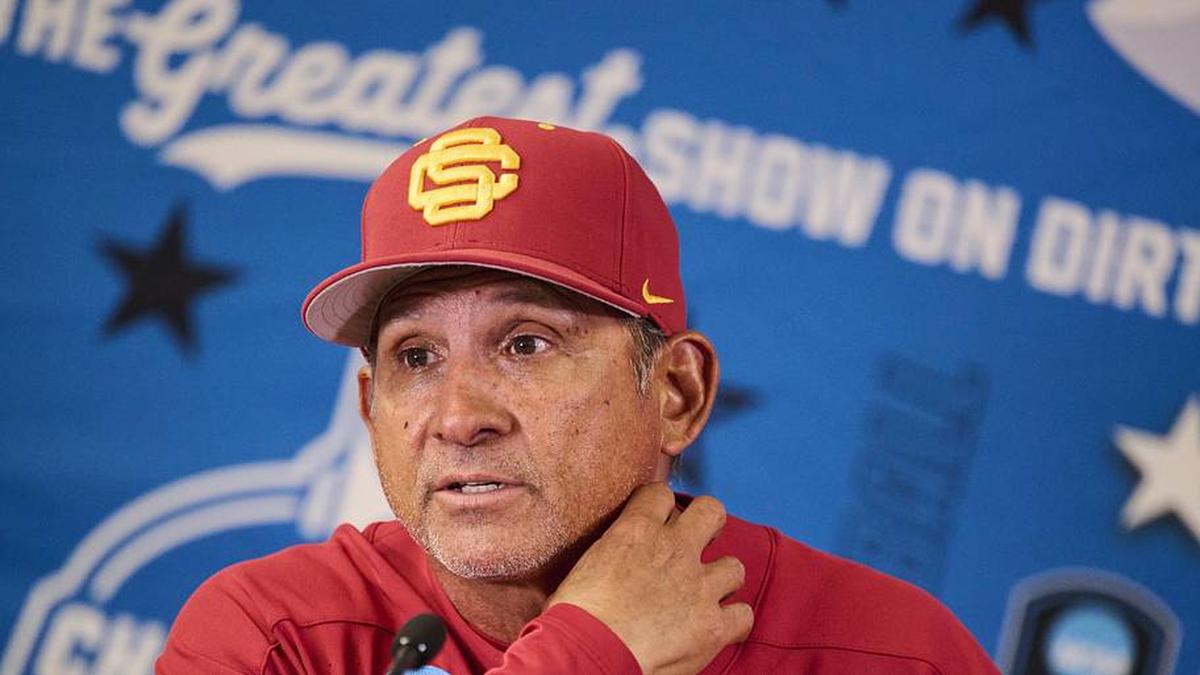  May 31, 2025; Corvallis, OR, USA; USC head coach Andy Stankiewicz takes questions after a game against Saint Mary's at the NCAA Corvallis Regional at Goss Stadium. | Troy Wayrynen-Imagn Images 