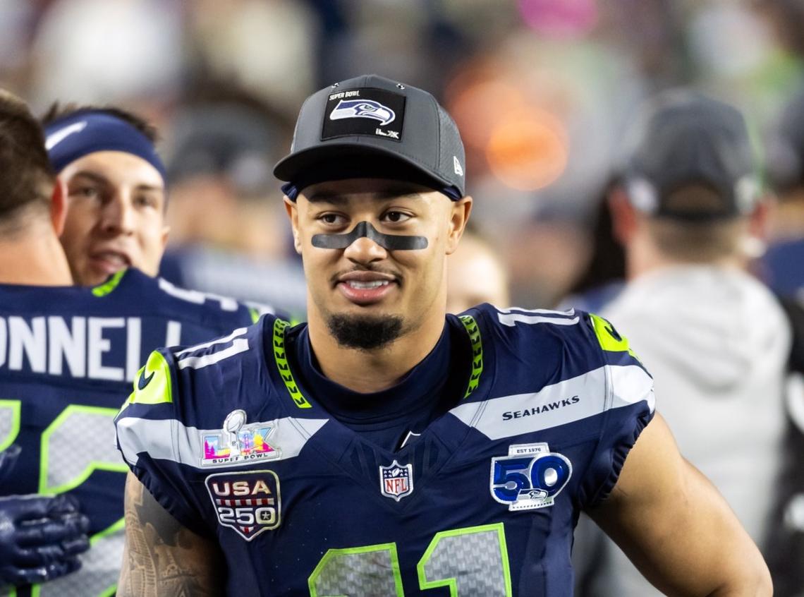  Seattle Seahawks wide receiver Jaxon Smith-Njigba (11) against the New England Patriots during Super Bowl LX at Levi's Stadium. Mark J. Rebilas-Imagn Images