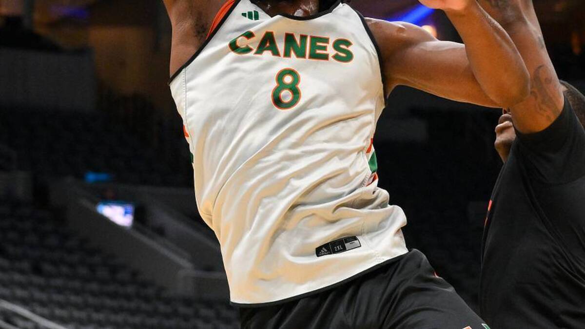  Mar 19, 2026; St. Louis, MO, USA; Miami (FL) Hurricanes center Ernest Udeh Jr. (8) put up a lay up during a practice session ahead of the first round of the men's 2026 NCAA Tournament at Enterprise Center. Mandatory Credit: Jeff Curry-Imagn Images | Jeff Curry-Imagn Images 