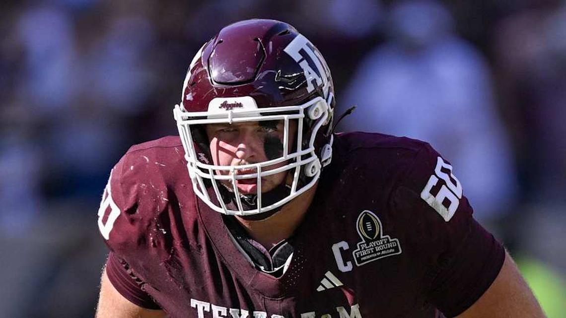  Dec 20, 2025; College Station, TX, USA; Texas A&M Aggies offensive lineman Trey Zuhn III (60) lines up during the game between the Aggies and the Hurricanes at Kyle Field. Mandatory Credit: Jerome Miron-Imagn Images | Jerome Miron-Imagn Images 