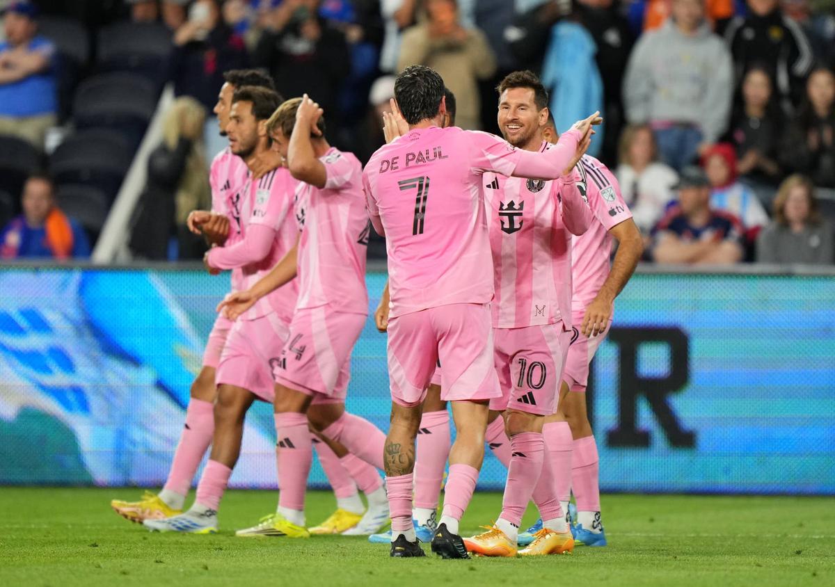  Lionel Messi #10 of Inter Miami CF celebrates scoring his team's fifth goal with teammates during the MLS match between FC Cincinnati and Inter Miami CF at TQL Stadium on May 13, 2026 in Cincinnati, Ohio. (Photo by Chris Carter/MLS via Getty Images) Photo by Chris Carter/MLS via Getty Images