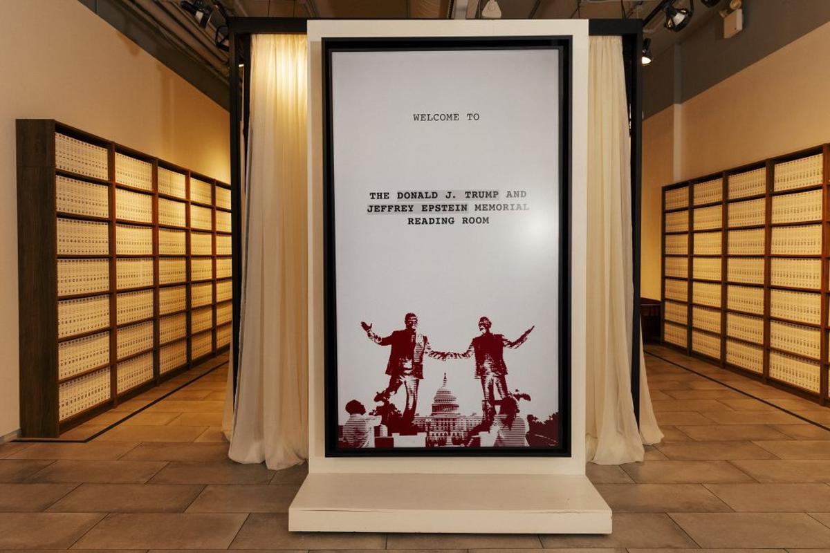  The Donald J. Trump and Jeffrey Epstein Memorial Reading Room entrance. (Anna Maria Lopez via SWNS) 