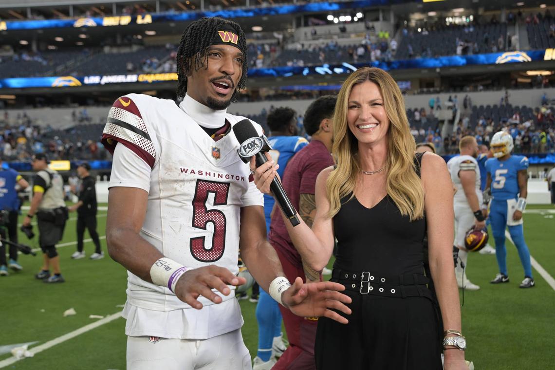  Oct 5, 2025; Inglewood, California, USA; FOX sideline reporter Erin Andrews interviews Washington Commanders quarterback Jayden Daniels (5) after the game against the Los Angeles Chargers at SoFi Stadium. Mandatory Credit: Jayne Kamin-Oncea-Imagn Images 