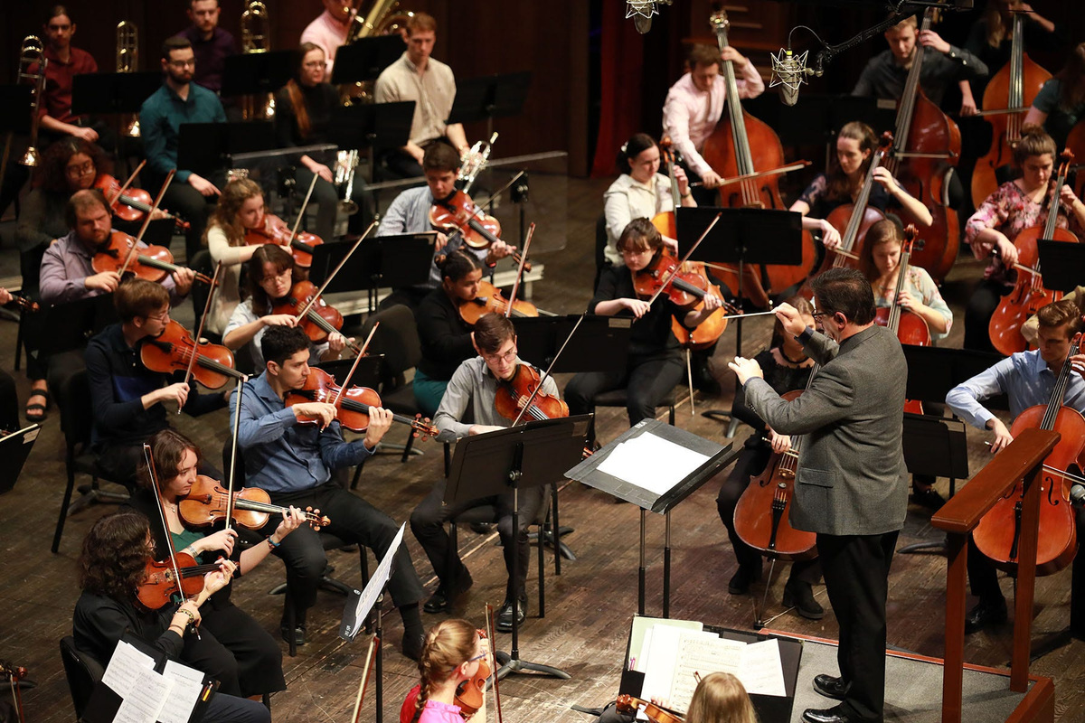 Alexander Jimenez conducts the University Symphony Orchestra. FSU's Festival of the Creative Arts features the orchestra in an annual performance featuring a new work for audience and orchestra for all ages to join in on Feb. 1, 2025. The symphony celebrates its centennial with an America 250 program on Sept. 18, 2026.
