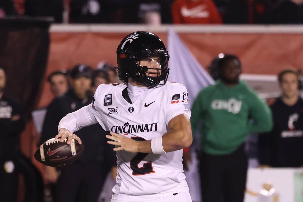  Nov 1, 2025; Salt Lake City, Utah, USA; Cincinnati Bearcats quarterback Brendan Sorsby (2) throws the ball against the Utah Utes during the second quarter at Rice-Eccles Stadium. Mandatory Credit: Rob Gray-Imagn Images 