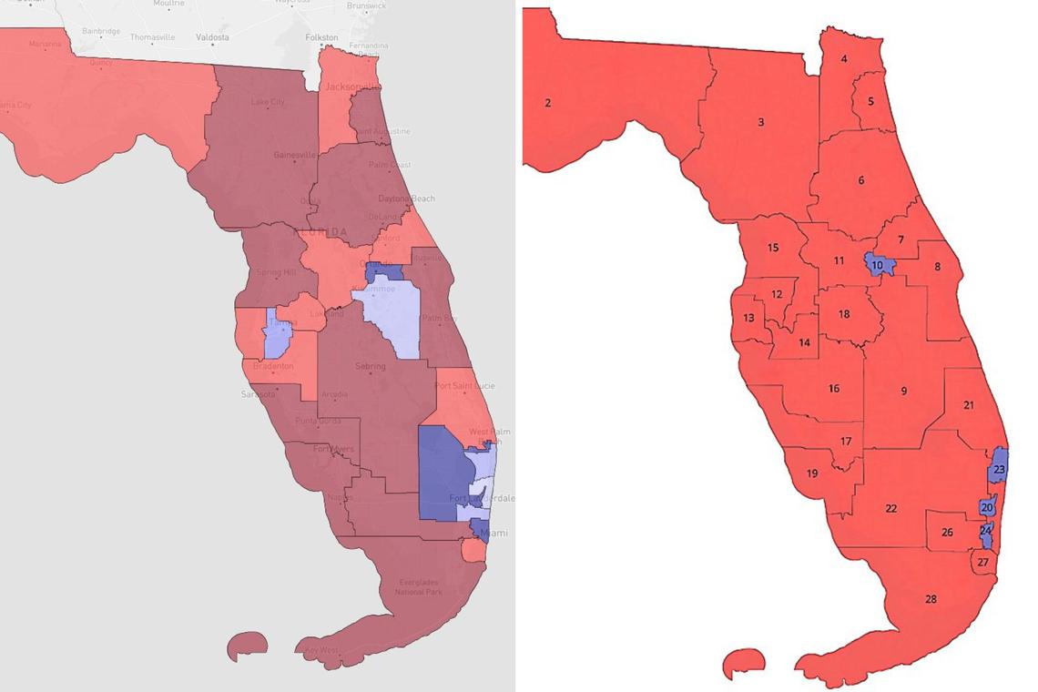 Florida Governor Ron DeSantis released a draft congressional map ahead of the state's special redistricting session. The left map shows the current congressional districts, while the right map shows the proposed changes. The new map would eliminate up to four Democratic seats-two in central Florida and two in South Florida. / X 