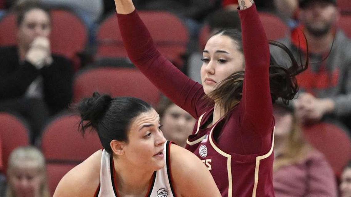  Feb 15, 2026; Louisville, Kentucky, USA; Louisville Cardinals forward Elif Istanbulluoglu (11) posts up against Florida State Seminoles center Pania Davis (24) during the second half at KFC Yum! Center. Louisville defeated Florida State 88-65. Mandatory Credit: Jamie Rhodes-Imagn Images | Jamie Rhodes-Imagn Images 