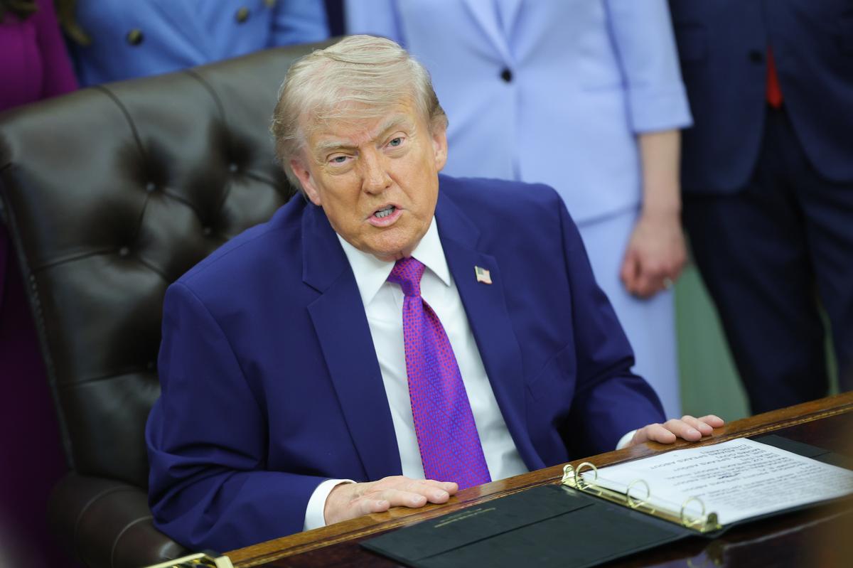  President Donald Trump answers questions in the Oval Office of the White House on May 11, 2026. 