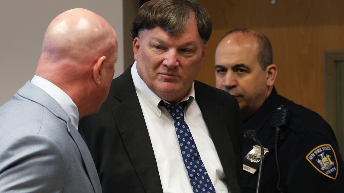 Rex A. Heuermann, center, pleads guilty in court to the murders of eight women during a 17-year killing spree on April 8, 2026, in Riverhead, New York. Heuermann, the 62-year-old man accused of being the Gilgo Beach serial killer, pleaded guilty to killing seven women mentioned in the indictment and admitted the killing of an eighth victim. (James Carbone/Pool/Getty Images/TNS)