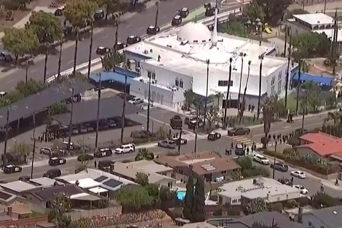 Police vehicles crowd nearby streets after an "active shooter situation" was reported at the Islamic Center in the Clairemont community of San Diego, California, U.S. May 18, 2026 in a still image from aerial video.  ABC Affiliate KGTV via REUTERS