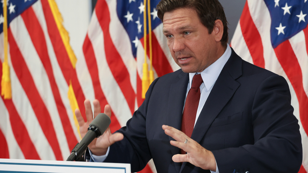 Gov. Ron DeSantis speaks about his proposal to reduce property taxes during a news conference in Orlando, Florida, on March 31, 2025. Florida voters will get to decide in November if they want to overhaul the state's taxing system, reducing bills for homesteaded property, but leaving local governments with far less revenue. (Rich Pope/Orlando Sentinel/TNS)