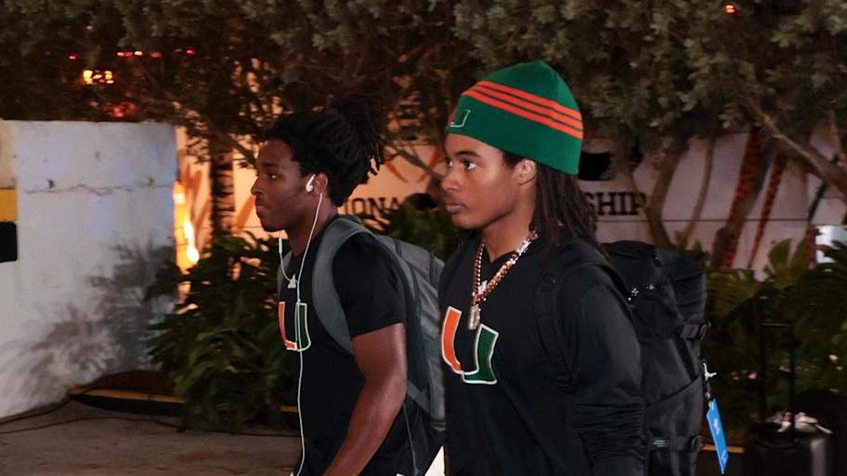  Jan 16, 2026; Miami Beach, FL, USA; Miami Hurricanes wide receiver Malachi Toney (10) and wide receiver Daylyn Upshaw (13) arrive at the Fontainebleau Miami Beach ahead of the College Football Playoff National Championship game against the Indiana Hoosiers. Mandatory Credit: Sam Navarro-Imagn Images | Sam Navarro-Imagn Images 