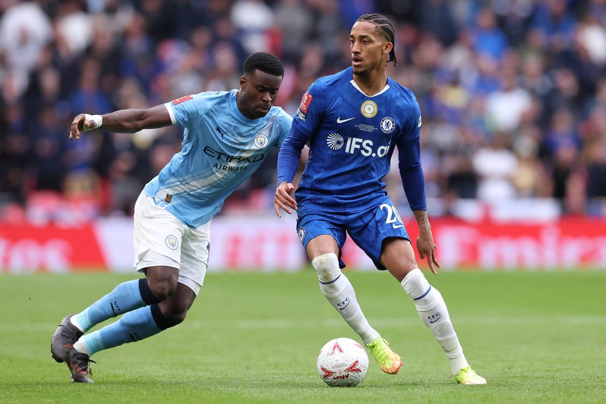  Joao Pedro of Chelsea runs under pressure from Marc Guehi of Manchester City during the Emirates FA Cup Final match between Chelsea and Manchester City on May 16, 2026 in London, England. (Photo by Alex Livesey - Danehouse/Getty Images) Photo by Alex Livesey - Danehouse/Getty Images