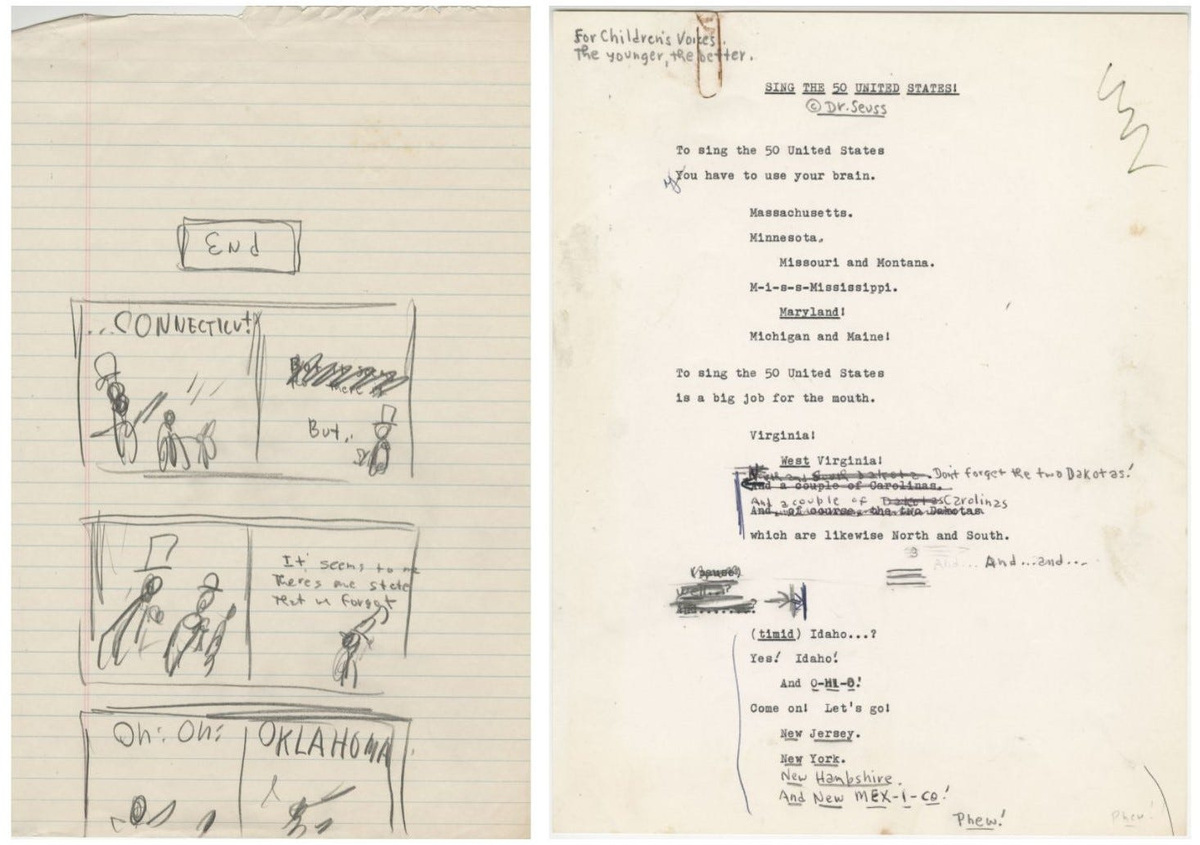 Manuscript pages and sketches from "Sing the 50 United States!" found in Dr. Seuss' archival works, shared exclusively with USA TODAY.