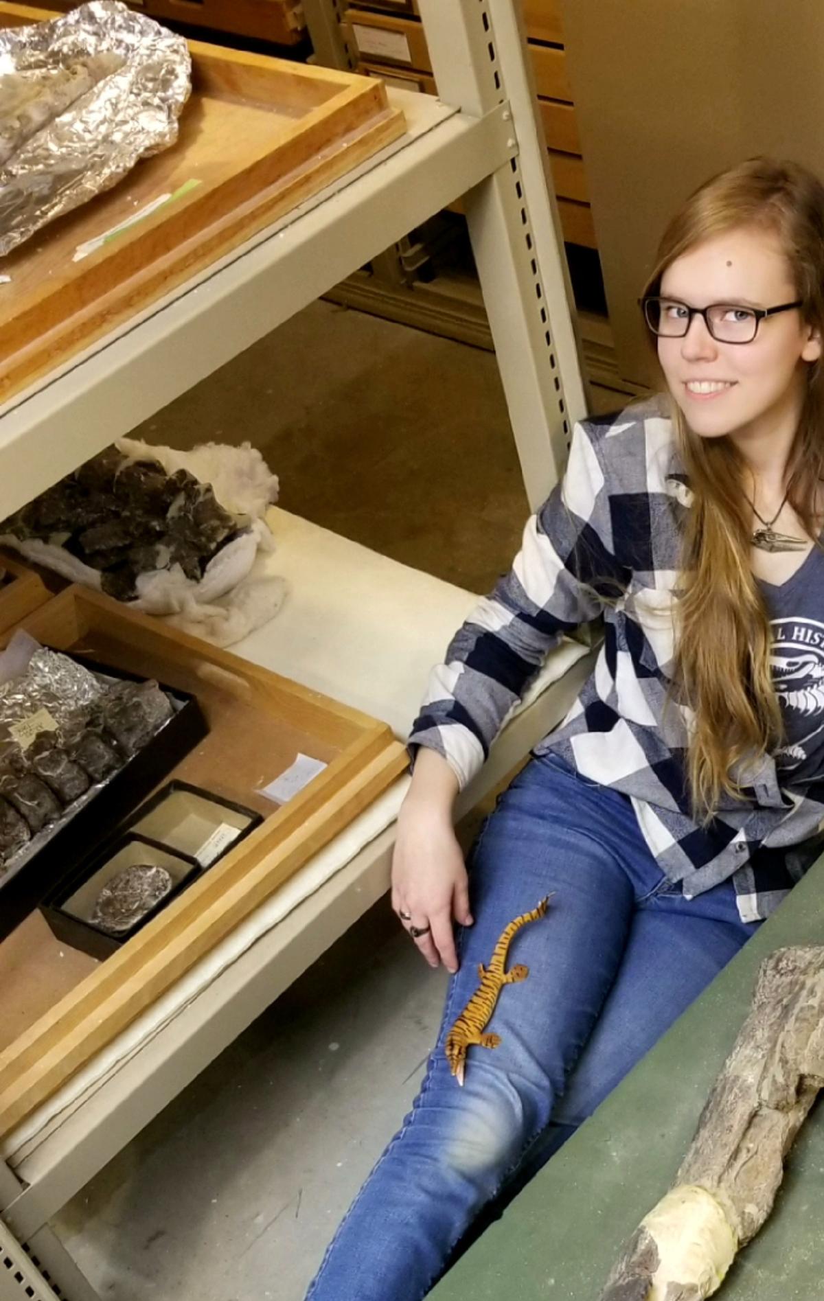 Researcher Amelia Zietlow with the skull of a Tylosaurus rex at the University of Kansas in Lawrence, Kansas, U.S., in an undated photograph. The image was released on May 21, 2026 Amelia Zietlow/Handout via REUTERS