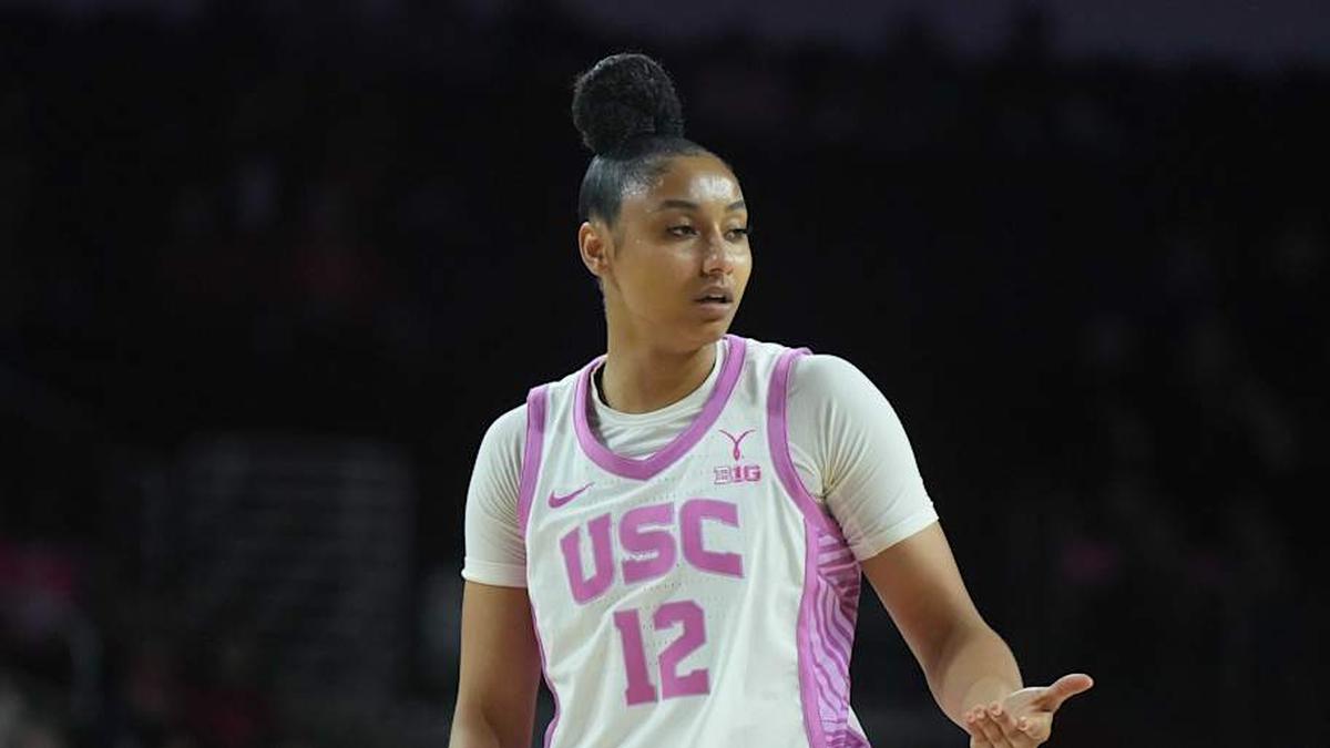  Feb 19, 2025; Los Angeles, California, USA; Southern California Trojans guard JuJu Watkins (12) reacts against the Michigan State Spartans in the first half at Galen Center. Mandatory Credit: Kirby Lee-Imagn Images | Kirby Lee-Imagn Images 