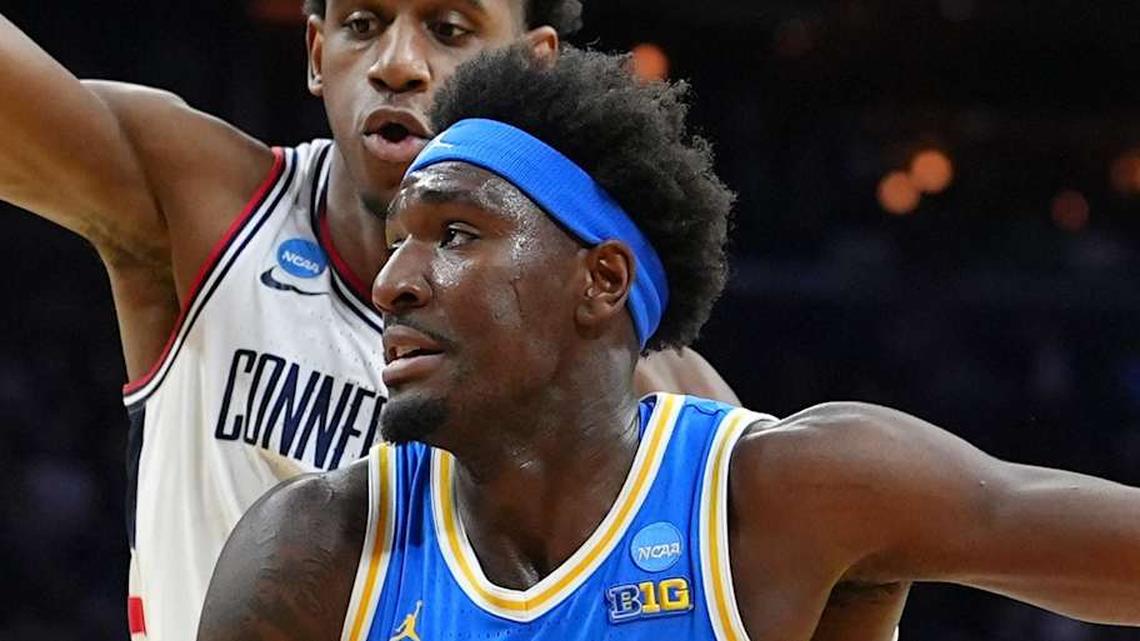  Mar 22, 2026; Philadelphia, PA, USA; UCLA Bruins forward Eric Dailey Jr. (3) dribbles the ball against the UConn Huskies in the first half during a second round game of the men's 2026 NCAA Tournament at Xfinity Mobile Arena. Mandatory Credit: Kyle Ross-Imagn Images | Kyle Ross-Imagn Images 