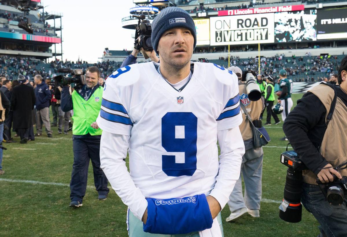  Jan 1, 2017; Philadelphia, PA, USA; Dallas Cowboys quarterback Tony Romo (9) walks off the field after a game against the Philadelphia Eagles at Lincoln Financial Field. The Philadelphia Eagles won 27-13. Mandatory Credit: Bill Streicher-USA TODAY Sports 