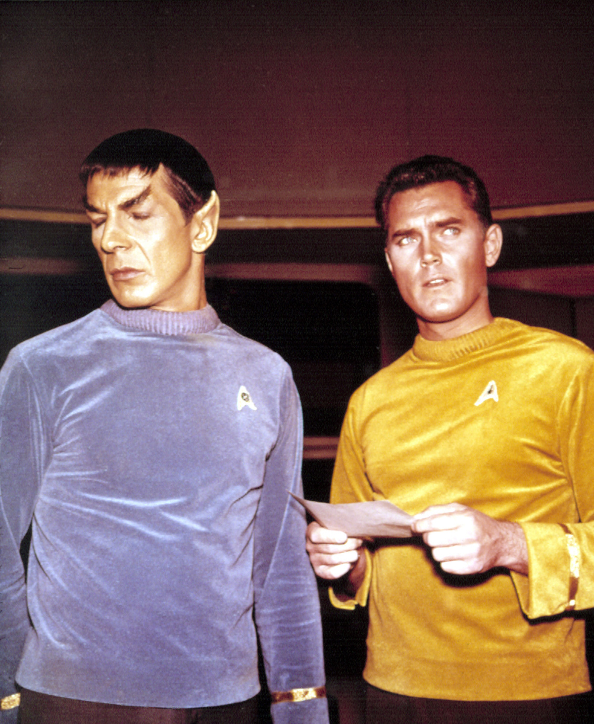 Jeffrey Hunter, Leonard Nimoy, on the bridge of the Enterprise, in the Pilot episode: The Cage, 1965.Paramount/Courtesy:Everett Collection.