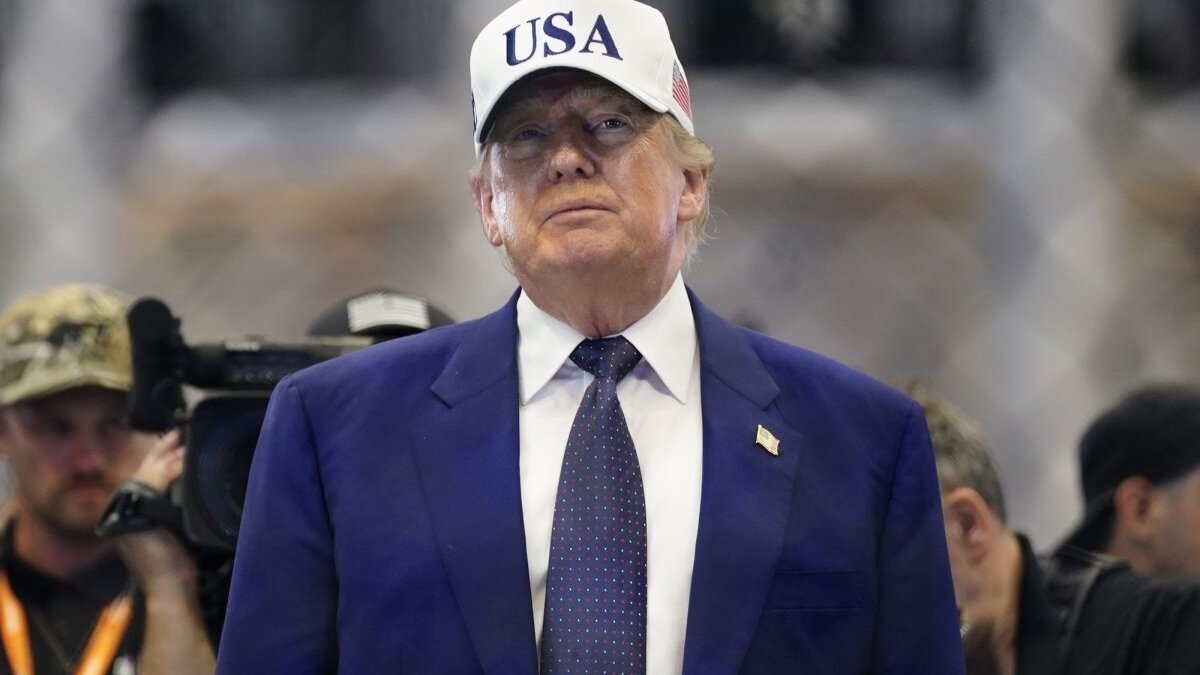 President Donald Trump stands in the octagon after the UFC Freedom 250 event on the South Lawn of the White House in Washington D.C., on Sunday. He was expected to leave Washington on Monday for the G7 meeting in France. Photo by Bonnie Cash/UPI