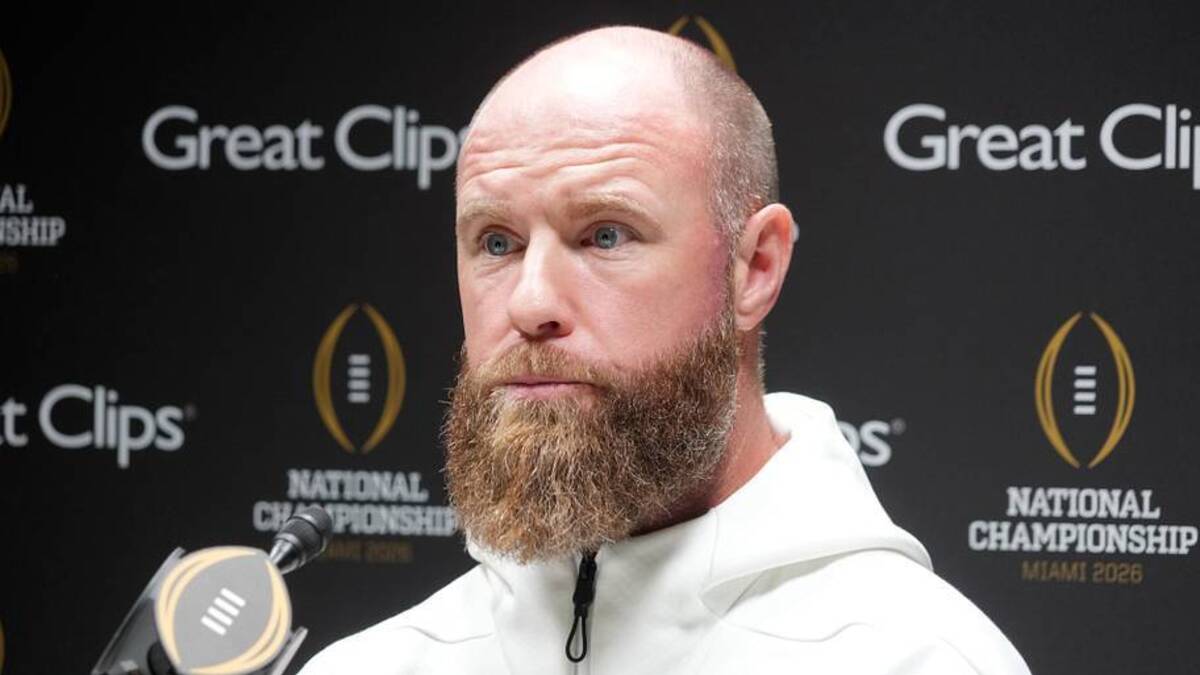  Jan 17, 2026; Miami, Florida, USA; Miami Hurricanes defensive coordinator Corey Hetherman during media day for the 2025 College Football Playoff National Championship at Miami Beach Convention Center. Mandatory Credit: Kirby Lee-Imagn Images | Kirby Lee-Imagn Images 