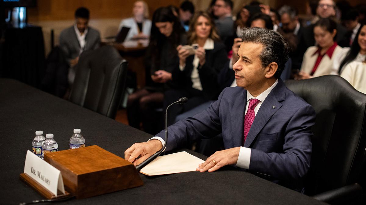 Marty Makary appears before the Senate Committee on Health, Education, Labor, and Pensions on March 6, 2025, for his confirmation hearing to lead the FDA.  (Eric Harkleroad/KFF Health News/TNS)