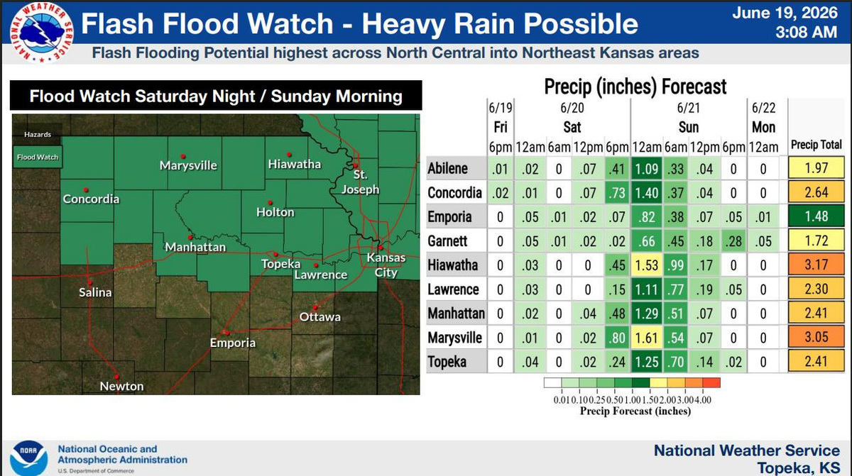 The National Weather Service's Topeka office on June 19 posted this graphic on its website sharing information about the potential for flooding and heavy rain June 20 and early June 21 in north-central and northeast Kansas.
