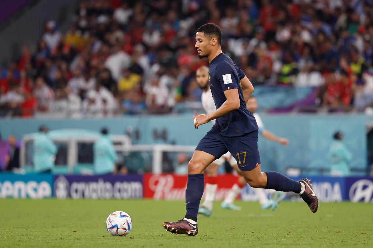  France defender William Saliba moves the ball during the second half against Tunisia in a group stage match during the 2022 World Cup at Education City Stadium. Yukihito Taguchi-USA TODAY Sports