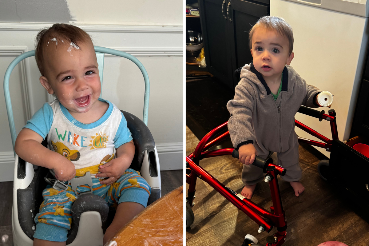  From left: Nolan, as a toddler, smiles while eating in a high chair; and moves around the house, using a walker. 