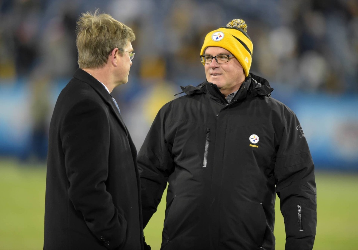  Nov 17, 2014; Nashville, TN, USA; Pittsburgh Steelers general manager Kevin Colbert (right) and Tennessee Titans general manager Ruston Webster before the game at LP Field. Mandatory Credit: Kirby Lee-USA TODAY Sports reuters.com,2014:newsml_MT1USATODAY8219524:1598456220