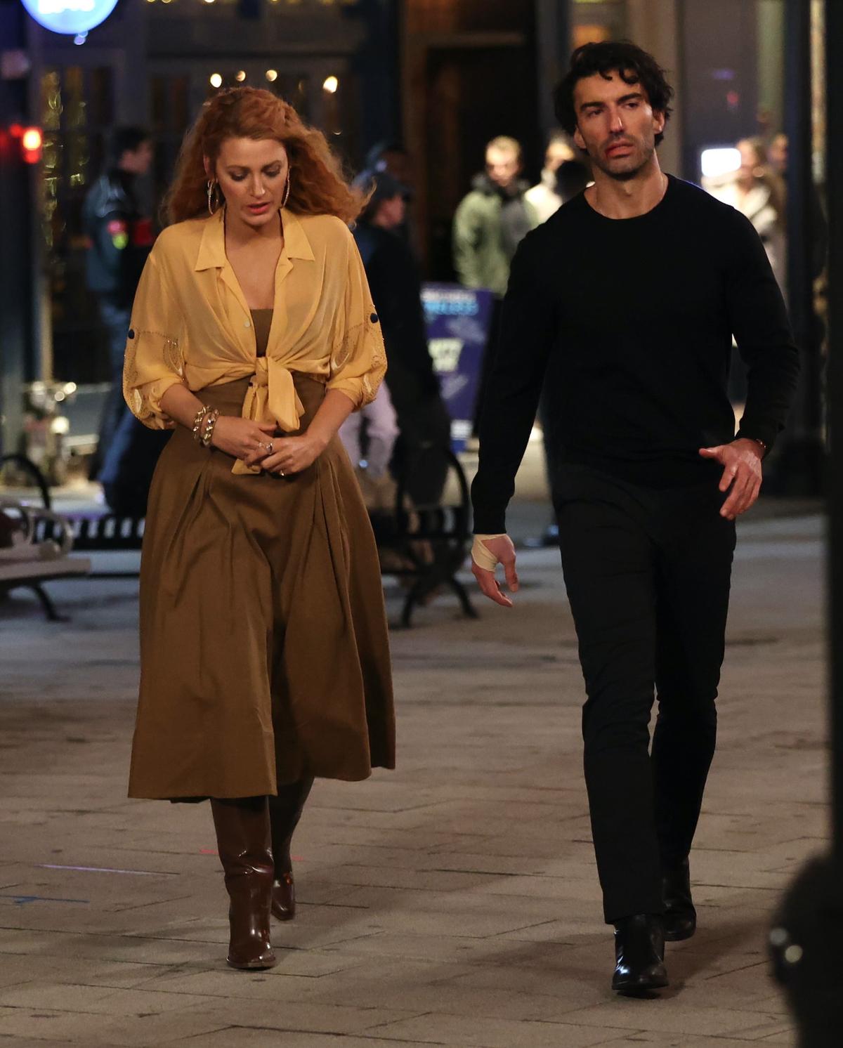 JERSEY CITY, NJ - JANUARY 12: Blake Lively and Justin Baldoni are seen on the set of ‘It Ends with Us’ on January 12, 2024 in Jersey City, New Jersey.  (Photo by Jose Perez/Bauer-Griffin/GC Images)