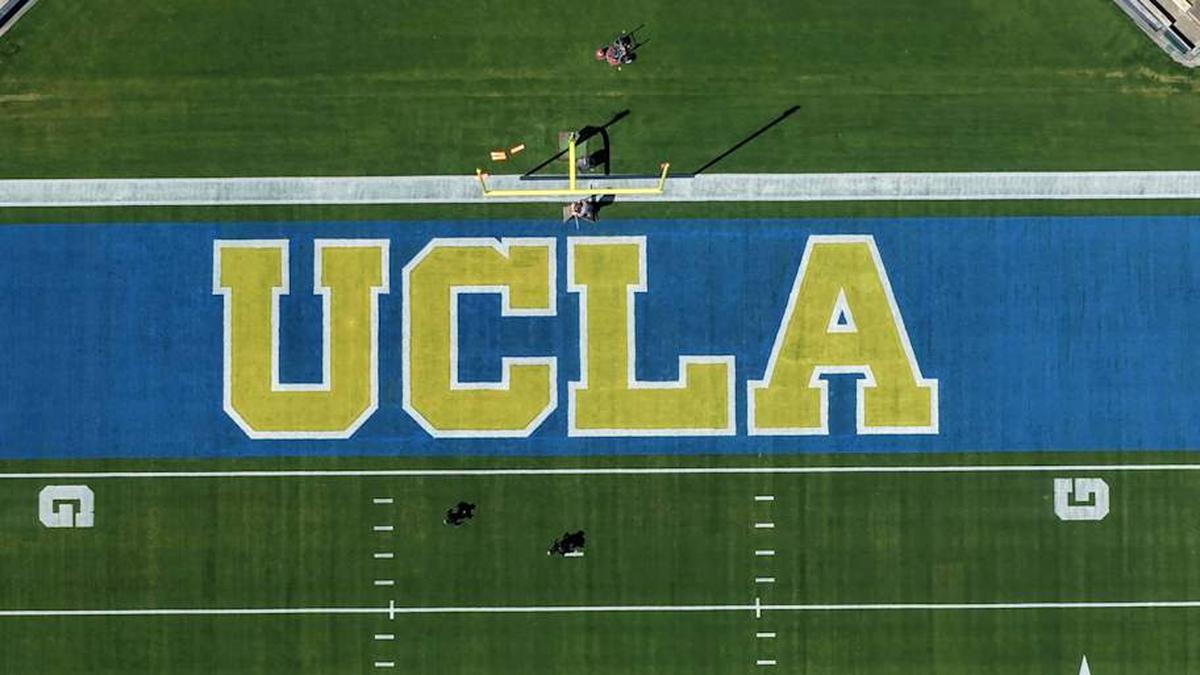  May 2, 2026; Pasadena, CA, USA; A general overall view of the UCLA Bruins logo in the end zone at the Rose Bowl. Mandatory Credit: Kirby Lee-Imagn Images | Kirby Lee-Imagn Images 