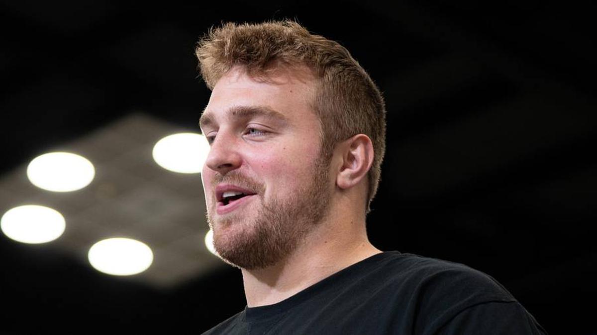  Feb 28, 2026; Indianapolis, IN, USA; Texas A&M offensive lineman Trey Zuhn (OL57) speaks to members of the media during the NFL Combine at the Indiana Convention Center. Mandatory Credit: Jacob Musselman-Imagn Images | Jacob Musselman-Imagn Images 