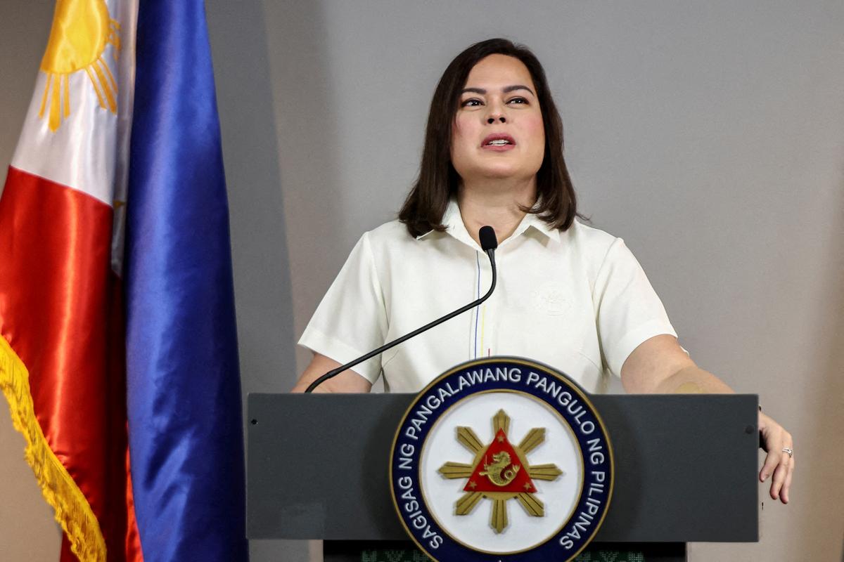 FILE PHOTO: Philippine Vice President Sara Duterte delivers a statement following her impeachment by the lower house of the Congress, in her office at Mandaluyong City, Metro Manila, Philippines, February 7, 2025. REUTERS/Eloisa Lopez/File Photo