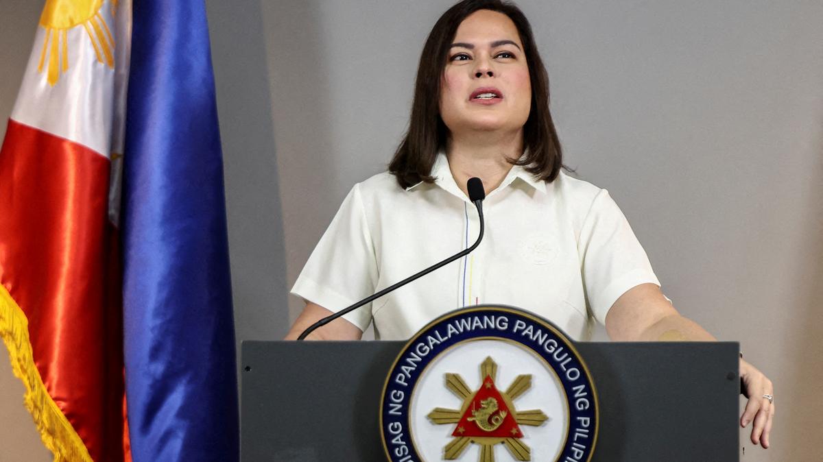 FILE PHOTO: Philippine Vice President Sara Duterte delivers a statement following her impeachment by the lower house of the Congress, in her office at Mandaluyong City, Metro Manila, Philippines, February 7, 2025. REUTERS/Eloisa Lopez/File Photo