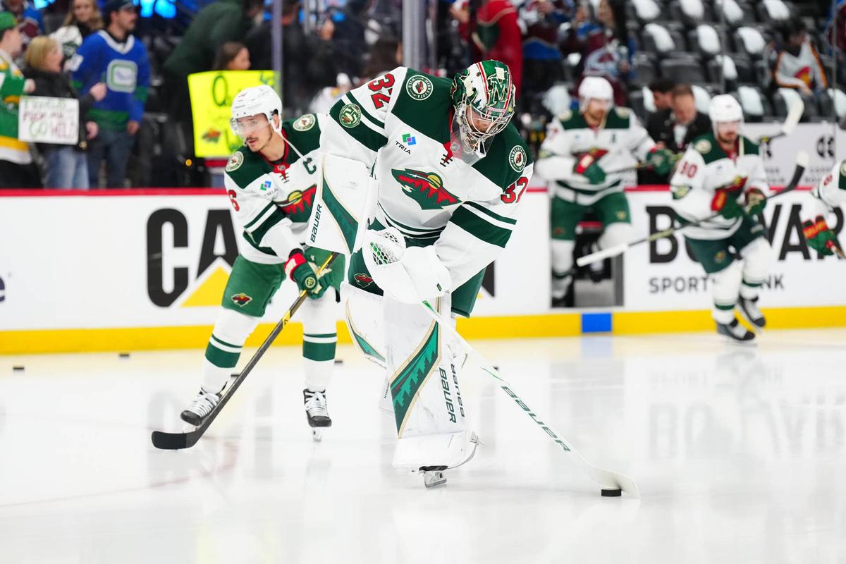  Minnesota Wild goaltender Filip Gustavsson (32) warms up before game two of the second round of the 2026 Stanely Cup Playoffs against the Colorado Avalanche at Ball Arena. Ron Chenoy-Imagn Images