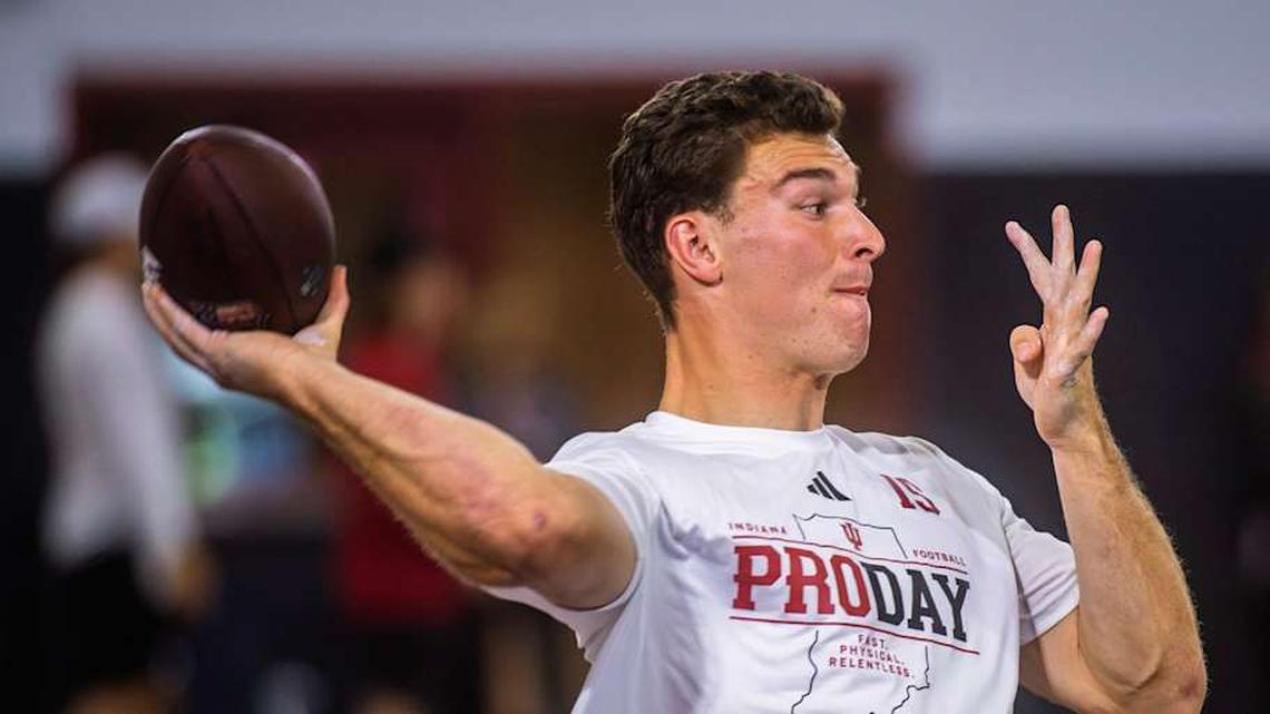  Fernando Mendoza participates in Indiana University's Pro Day at Mellencamp Pavilion on Wednesday, April 1, 2026. | Rich Janzaruk/Herald-Times / USA TODAY NETWORK via Imagn Images 
