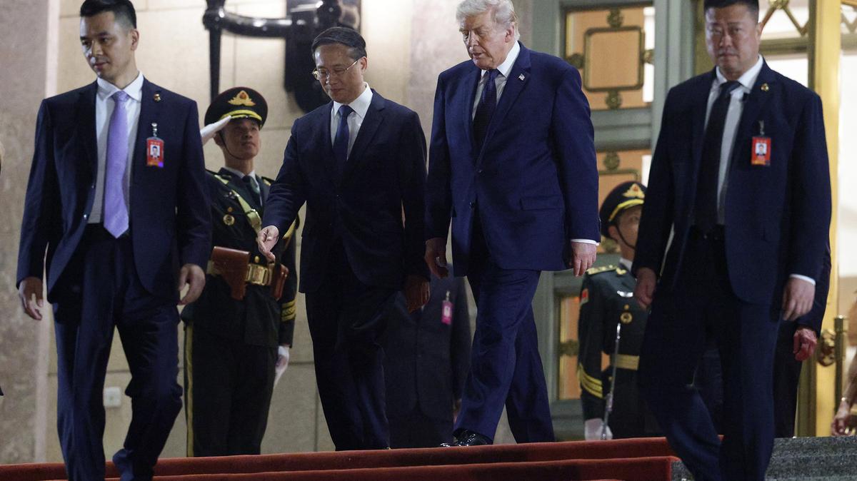 Chinese Executive Vice Minister of Foreign Affairs Ma Zhaoxu (center left) and U.S. President Donald Trump (center right) depart a state banquet hosted by Chinese President Xi Jinping at the Great Hall of the People on May 14, 2026, in Beijing, China. Both President Trump and President Xi addressed ways to enhance bilateral economic cooperation and investment, and agreed that Iran should not be allowed to have a nuclear weapon. According to Chinese state media, Xi emphasized the importance of the Taiwan issue, and that a mishandling could sour U.S.-China relations. (Alex Wong/Getty Images/TNS)