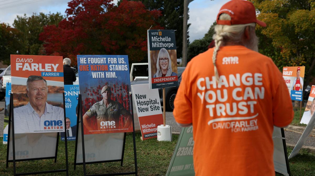 FILE PHOTO: Campaign signs depicting One Nation candidate David Farley and former Australia soldier Ben Roberts-Smith are displayed outside a pre-polling centre ahead of the Farrer by-election in Albury, Australia, May 6, 2026. REUTERS/Hollie Adams/File Photo