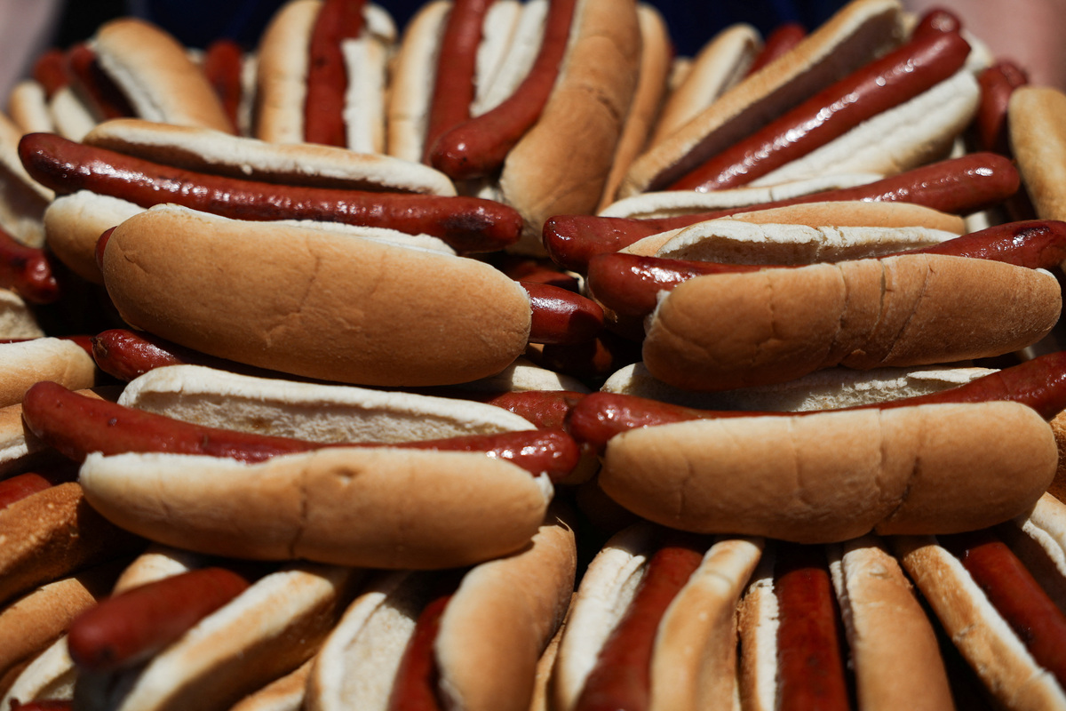 Hot dogs are displayed during the 2026 Nathan's Famous International Hot Dog Eating Contest, at Coney Island, Brooklyn in New York City, U.S., July 4, 2026. REUTERS/Jordan Tovin