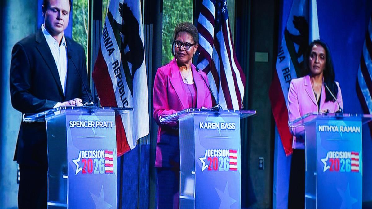 From left to right: Spencer Pratt, Mayor Karen Bass and Nithya Raman in a mayoral debate at the Skirball Cultural Center on Wednesday, May 6, 2026. (Screenshot from NBC/David Crane/Los Angeles Daily News/SCNG/TNS)