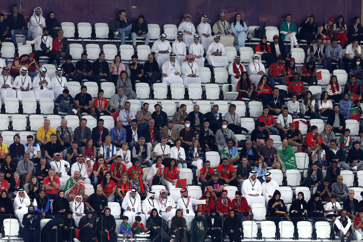  Empty seats are seen inside the stadium after ticketing problems outside the stadium during the FIFA World Cup Qatar 2022 quarterfinal match between Morocco and Portugal at Al Thumama Stadium on December 10, 2022, in Doha, Qatar. 