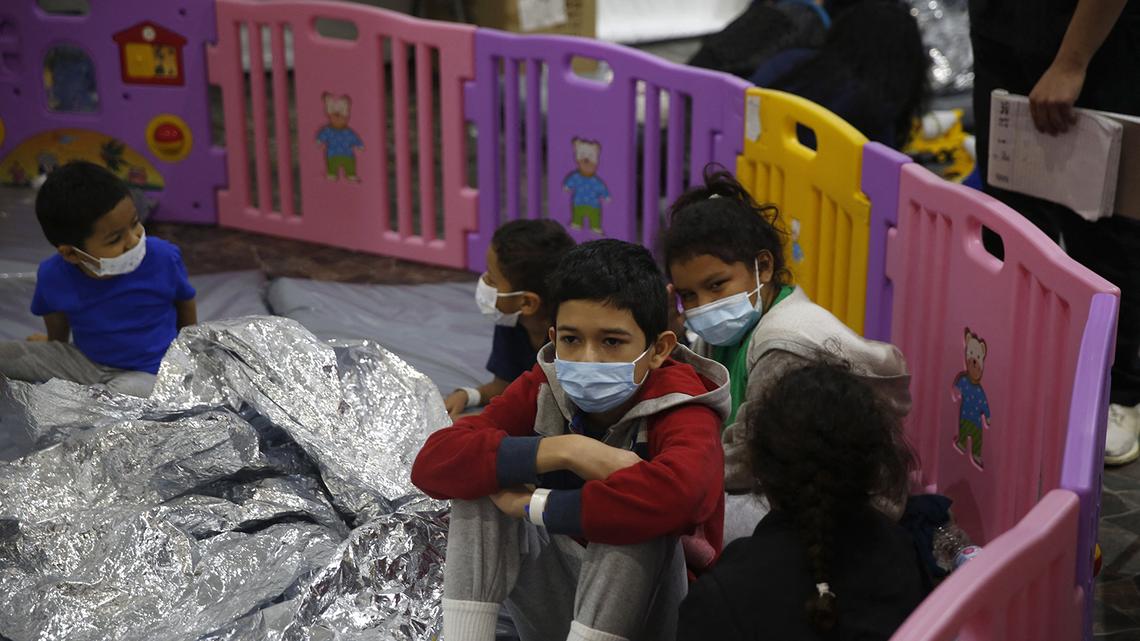 Unaccompanied minors ages 3-9 at the Department of Homeland Security holding facility in the Rio Grande Valley in Donna, Texas, in 2021.