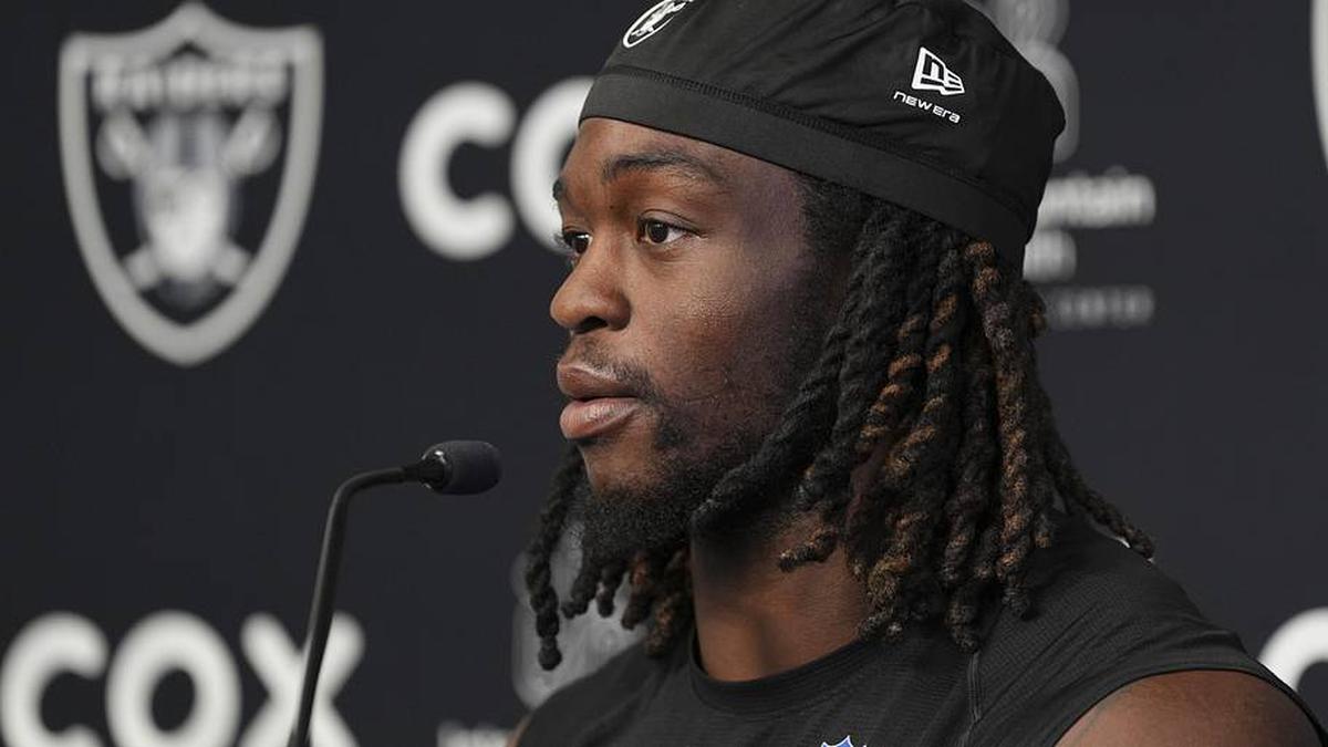  May 20, 2026; Henderson, NV, USA; Las Vegas Raiders running back Ashton Jeanty (2) speaks during a news conference during organized team activities at Intermountain Health Performance Center. Mandatory Credit: Candice Ward-Imagn Images | Candice Ward-Imagn Images 