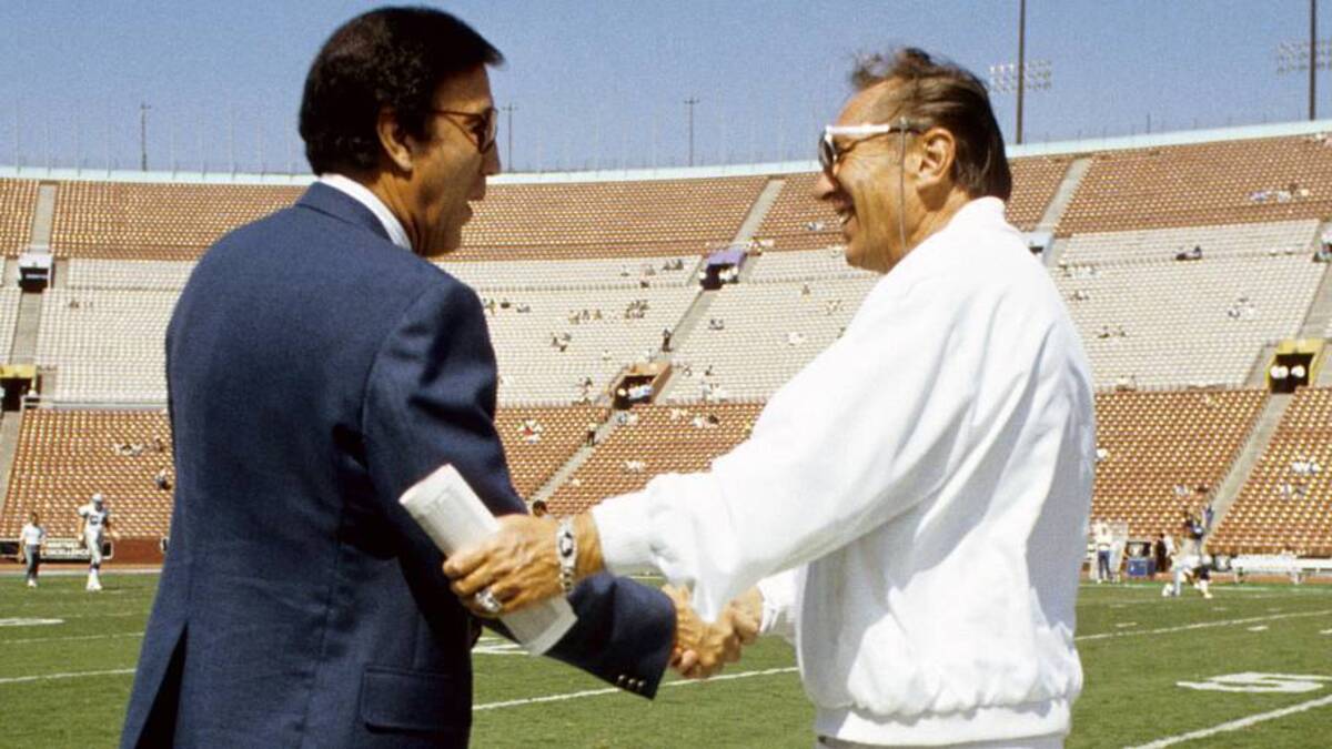  Oct 1, 1989; Los Angeles, CA, USA; FILE PHOTO; Seattle Seahawks head coach Tom Flores greets his former boss and Los Angeles Raiders owner Al Davis prior to their game at the Coliseum. Mandatory Credit: Imagn Images | RVR Photos-Imagn Images 