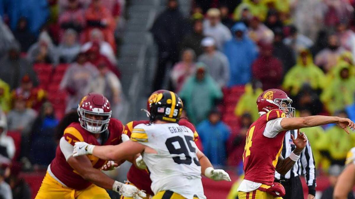 Nov 15, 2025; Los Angeles, California, USA; Southern California Trojans quarterback Jayden Maiava (14) throws against the Iowa Hawkeyes during the second half at the Los Angeles Memorial Coliseum. Mandatory Credit: Gary A. Vasquez-Imagn Images | Gary A. Vasquez-Imagn Images 