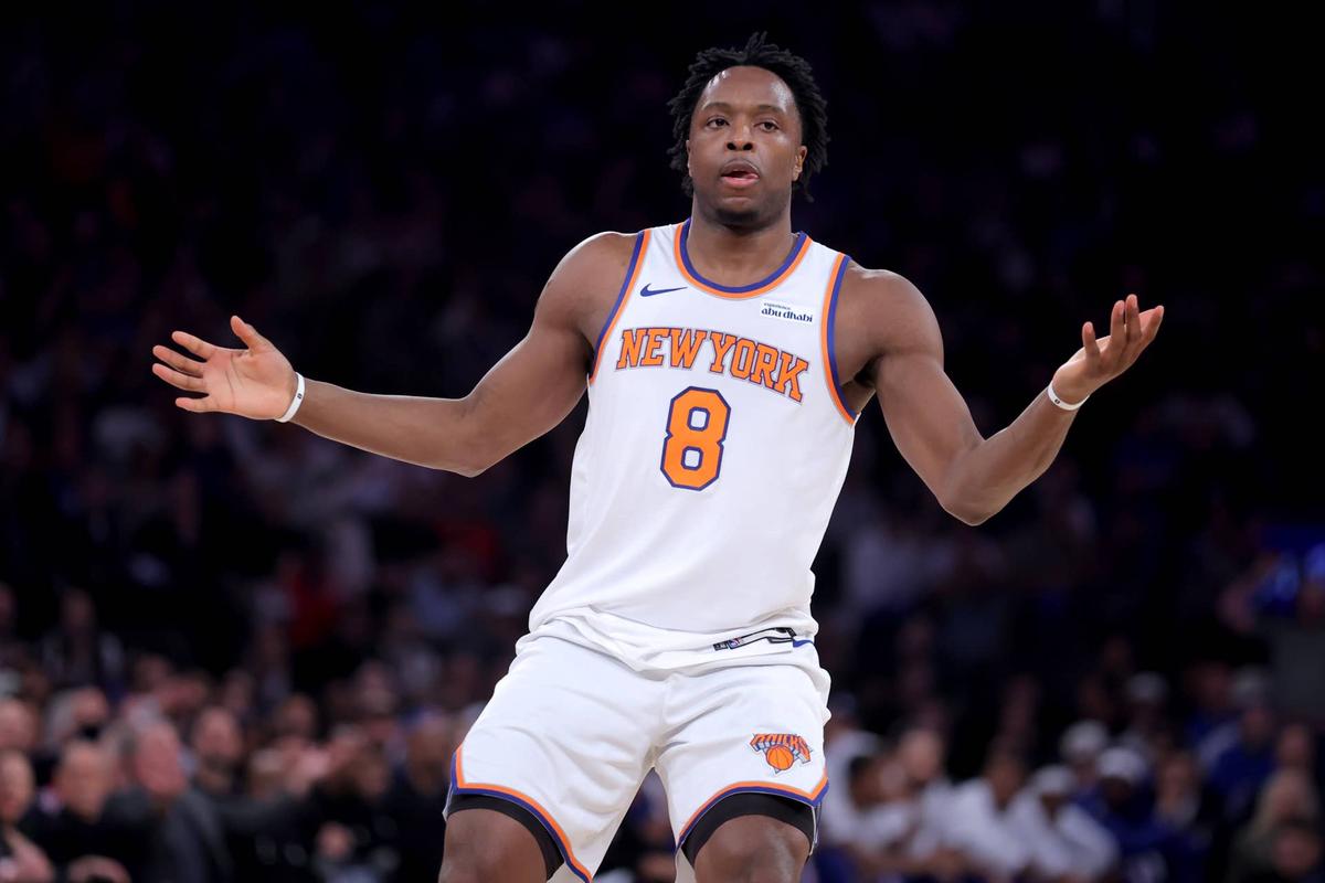  New York Knicks forward OG Anunoby (8) reacts after a three point shot during the first quarter of game one of the eastern conference semifinal round of the 2026 NBA Playoffs against the Philadelphia 76ers. 